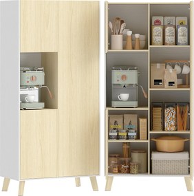 HOMCOM magas konyhaszekrény nyitott rekesszel, 3 ajtó, állítható polcok — modern konyhai tároló, natúr/fehér, 80 x 40 x 170 cm | Aosom