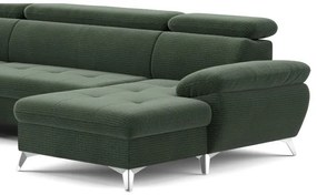 Zöld CATANIA balos U-alakú sarokkanapé tárolóval, ággyá nyitható