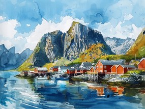 Vászonkép Canvas Norvégia Fjordok Hegyek Lofotok Házak Akvarell 80x60