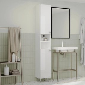 Zaria 2 ajtós fürdőszobai magasszekrény, Fényes fehér / Fehér, MDF, 30 x 27 x 190 cm