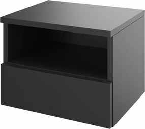 Akasztós éjjeliszekrény, click-on fiókkal és polccal, fekete, 50 cm széles