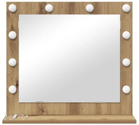 LED világítással ellátott sminktükör, Kézműves tölgy, 60x55x18 cm