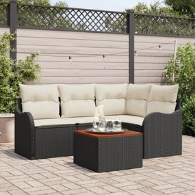 5 Darabos Kerti Sofa Készlet Párnákkal Fekete Poli Rattan Akác, 2-Fős Kerti Sofa Tárolóval&Párnákkal Fekete Poli Rattan
