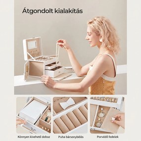 Ékszertartó 2 fiókkal, zárható ékszertartó tükörrel fehér színű