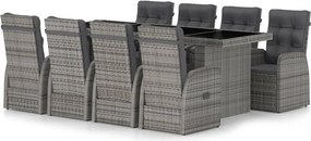 vidaXL 9 részes szürke kültéri polyrattan étkezőszett párnákkal