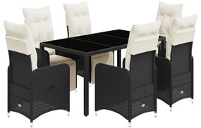 7 részes fekete polyrattan kerti bisztrógarnitúra párnákkal