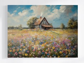Vászonkép Canvas Tájkép Falu Ház Kunyhó Rét Virágok Tavasz 100x75