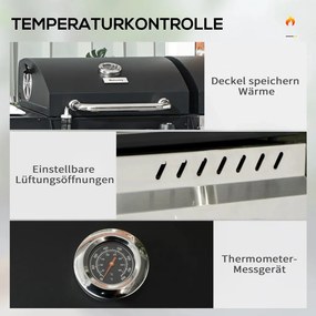 Outsunny Gázgrill, hőmérővel és melegen tartó tányérokkal, fekete és ezüst