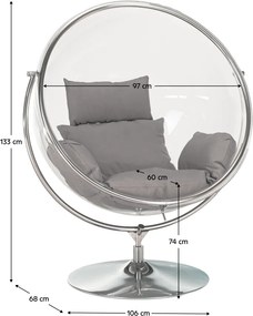 Függő fotel állvánnyal, átlátszó/ezüst/szürke, BUBBLE NEW TYP 2
