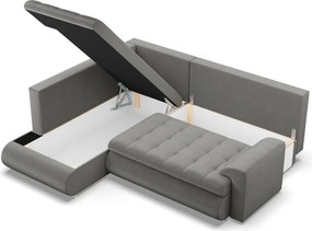 Tokio sarokkanapé, L alakú háttámlával, 2 ágyneműtartóval, bársony, baloldali, világosszürke