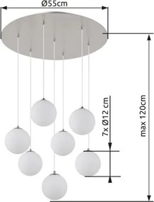 Globo 56140-7H Függeszték fém nikkel matt, fehér színű üveg gömbök, fekete PVC kábel, magassága rövidíthető, ø: 550mm, M: 1200mm, tartozék: 7x G9 LED 3.5W 230V, 350lm forrás, 310lm kimenet, 3000K