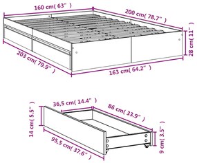 füstös tölgy színű szerelt fa ágykeret fiókokkal 160 x 200 cm