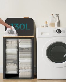 szennyeskosár fedéllel 130l, 2 rekeszes nagyméretű szennyes tartó, fekete