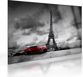 Üveg kép - Az Eiffel-torony és a piros autó (70x50 cm)