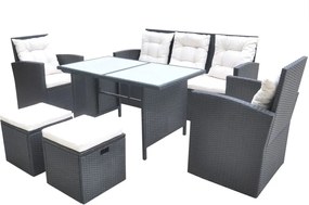 vidaXL 6-részes fekete polyrattan kültéri étkezőszett párnákkal