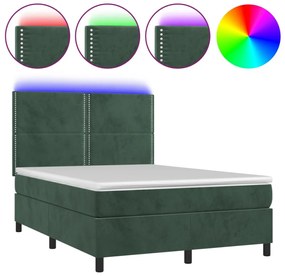 sötétzöld bársony rugós és LED-es ágy matraccal 140x190 cm