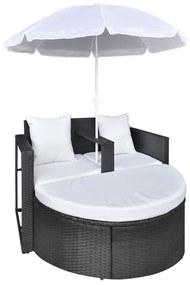 Fekete polyrattan kerti ágy napernyővel
