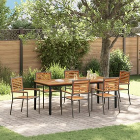 7 darabos Kerti Étkezőszett Szürke Poli Rattan Akác, Egymásra rakható Kerti Székek párnákkal 2 db Szürke Poli Rattan, Kerti Asztal 200x90x75 cm Szilárd Akác Fa és Fém