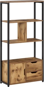 HOMCOM Rusztikus Barna Könyvespolc Szekrény és 2 Tároló Fiókkal Ipari Stílusú Könyvespolc 58x24x122 cm | Aosom