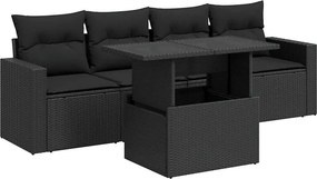 vidaXL 5 részes fekete polyrattan kerti kanapészett párnákkal