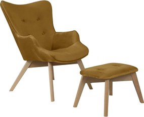 Mustársárga bársony fotel lábtartóval Niko – Ropez