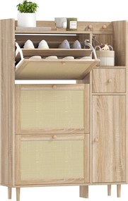 HOMCOM Cipőszekrény 3 Összecsukható Fiókkal Rattan Előlapokkal 12 Pár Cipőhöz Állítható Polcok Szűk Cipőszekrény Előszobába 80x23x120 cm Tölgy | Aosom