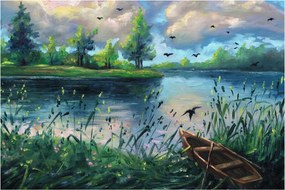 Kép - olajfestmény, Nyári este a tónál (90x60 cm)