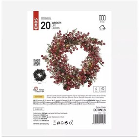 LED díszes karácsonyi koszorú, 38 cm, 3x AA, beltéri, meleg fehér, időzítő