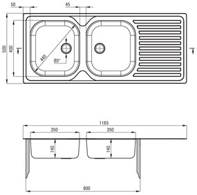 Deante Techno, rozsdamentes acél munkalap mosogató 2 kamrás Z/O 1165x500x140 2" + szifon, szatén mintás, ZEU_0210