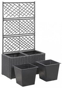 fekete rácsos polyrattan magaságyás 2 kaspóval 58 x 30 x 107 cm