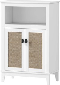 HOMCOM Fürdőszoba Tároló Szekrény 2 Ajtóval és Rattan Előlappal, Állítható Polccal és Nyitott Rekesszel 60x30x90 cm Fehér | Aosom