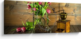Tulipánok, daráló és kávé képe (órával) (90x30 cm)