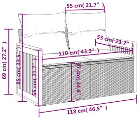 kétszemélyes fekete polyrattan kerti kanapé párnákkal