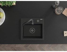 Mexen Milo, gránit mosogató 435x410x171 mm, 1 kamrás, fekete-ezüst metál fekete szifonnal, 6505441000-73-B