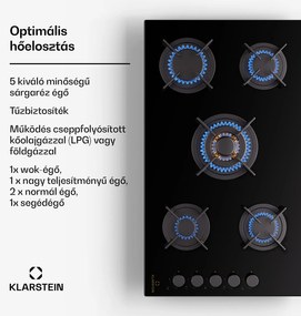 Klarstein Goldflame 5, gáz főzőlap, önálló, 5 égő, oldalsó vezérlés, gáz/propán, üvegkerámia, fekete