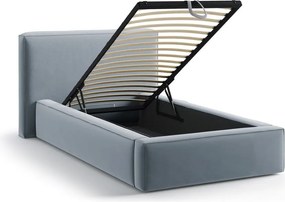 Világoskék kárpitozott ágyneműtartós egyszemélyes ágy ágyráccsal 90x200 cm Jodie – Micadoni