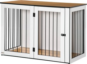 PawHut Modern Acél Kutya Ketrec Bútor Ablakos Ajtókkal Nagy Kutyák Számára, Maximum 30 kg-ig, 106 x 60 x 76 cm, Tölgy+Fehér | Aosom