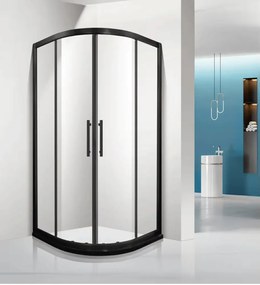 Stuxi Delhi Black 90x90 cm íves két tolóajtós zuhanykabin 6 mm vízlepergető biztonsági üveggel, fekete elemekkel, 190 cm magas