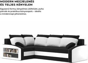 Grande sarokkanapé polcokkal , polc a bal karfaban, baloldali, szövet anyag, hab töltet, fekete - fehér