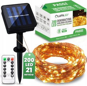 Napelemes Kerti Füzér Drót Fénylánc 200xLED 20m Távirányító