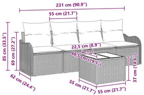 5 Darabos Kert Szófa Készlet Párnákkal Szürke Poli Rattan, 2-Személyes Kert Szófa Párnákkal Szürke Poli Rattan
