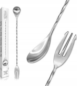 Csapos kanál acél hosszú göndör koktélvillával 30cm