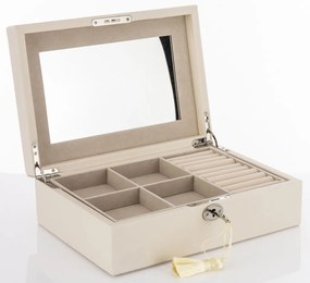 Krémfehér kulcsos zárható szögletes ékszertartó doboz osztott belső rekeszekkel 8,5x27x19cm
