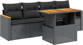 vidaXL 5 részes fekete polyrattan kerti kanapészett párnákkal