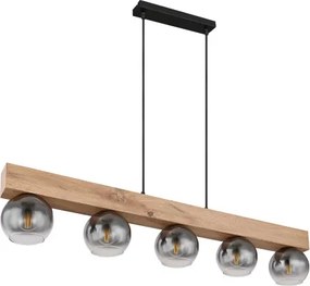 Globo 15656-5H Függeszték fém fekete matt, MDF fa hatású sötét, üveg füstszínű, átlátszó, kábeltextil fekete, állítható magasságú (függőlámpa), HxSzxM.: 1150x150x1200mm, nem tartozék: 5x E27 40W 230V