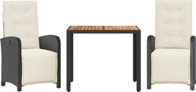 vidaXL 3 részes fekete polyrattan bisztrógarnitúra párnával