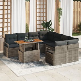 9 darabos kerti kanapészett párnákkal szürke poli rattan akáccal, 2 fős kerti kanapé párnákkal szürke poli rattan