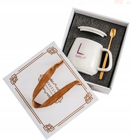 Kerámia Bögre Fedővel És Arany Kanállal, Lucky Ajándék Felirattal