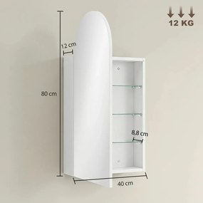 HOMCOM Fürdőszobai tükör, ívelt tükörrel, állítható üvegpolcokkal, 40 x 12 x 80 cm, fehér