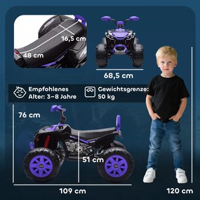 AIYAPLAY Elektromos gyermek quad, 24 V-os elektromos jármű 4 kerékkel, fényszórókkal, USB porttal, MP3, lila